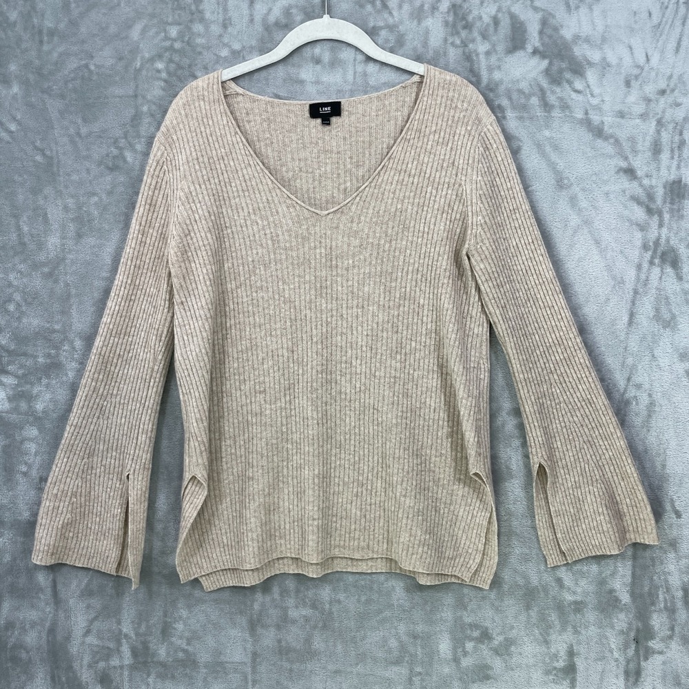 LINE 100% Cashmere Sweater Womens Medium Beige Ribbed Knit Bell Sleeves V-Neck